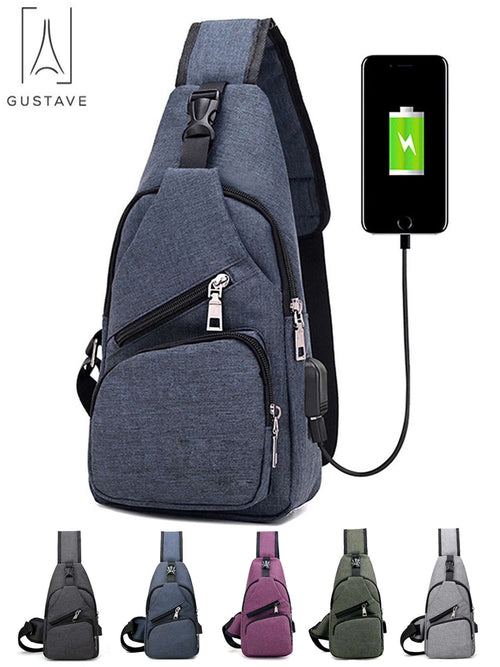 Men'S Sling Daypack Crossbody Chest Backpack with USB Charging for Travel or Hiking - Blue