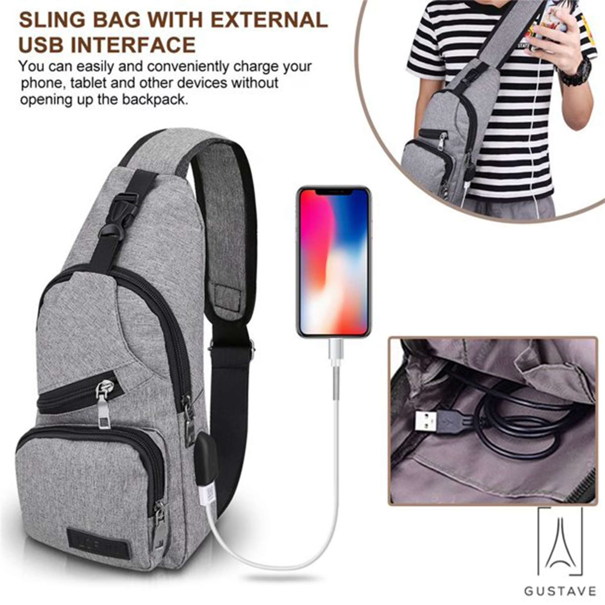 Men'S Sling Daypack Crossbody Chest Backpack with USB Charging for Travel or Hiking - Blue