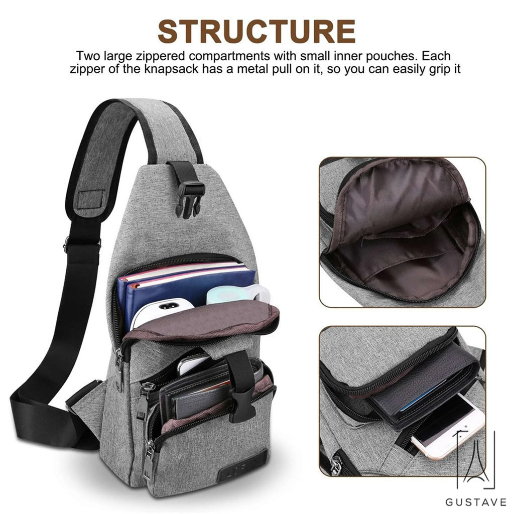Men'S Sling Daypack Crossbody Chest Backpack with USB Charging for Travel or Hiking - Blue